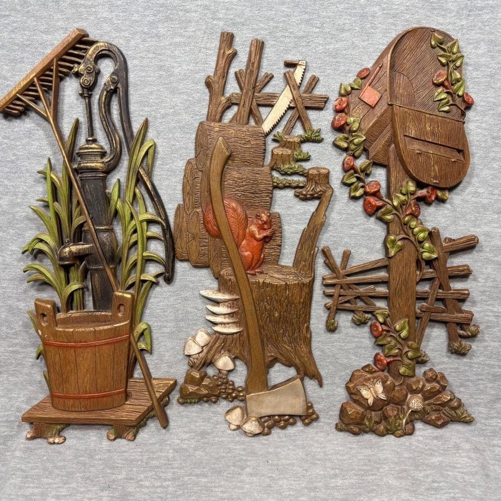 Vtg Burwood 3 Pc Wall Hanging Water Pump Mailbox Axe Squirrel Rustic